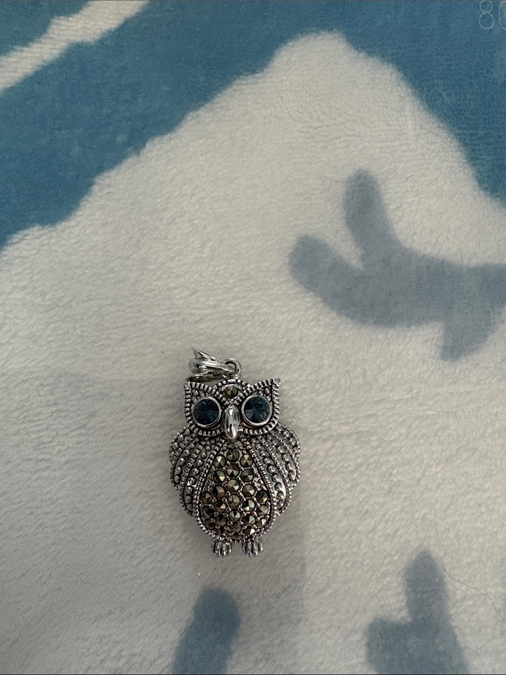 Silver Owl Pendant Necklace with Blue Accent Eyes